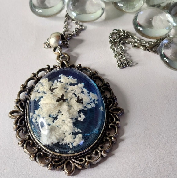 Antique Epoxy Necklace, Long-chain Vintage Oval Pendant (Handmade) - Picture 1 of 4